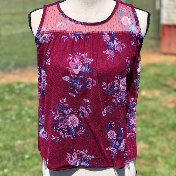 No Boundaries Tops - Maroon No Boundaries Mesh Babydoll Foral Tank - S
